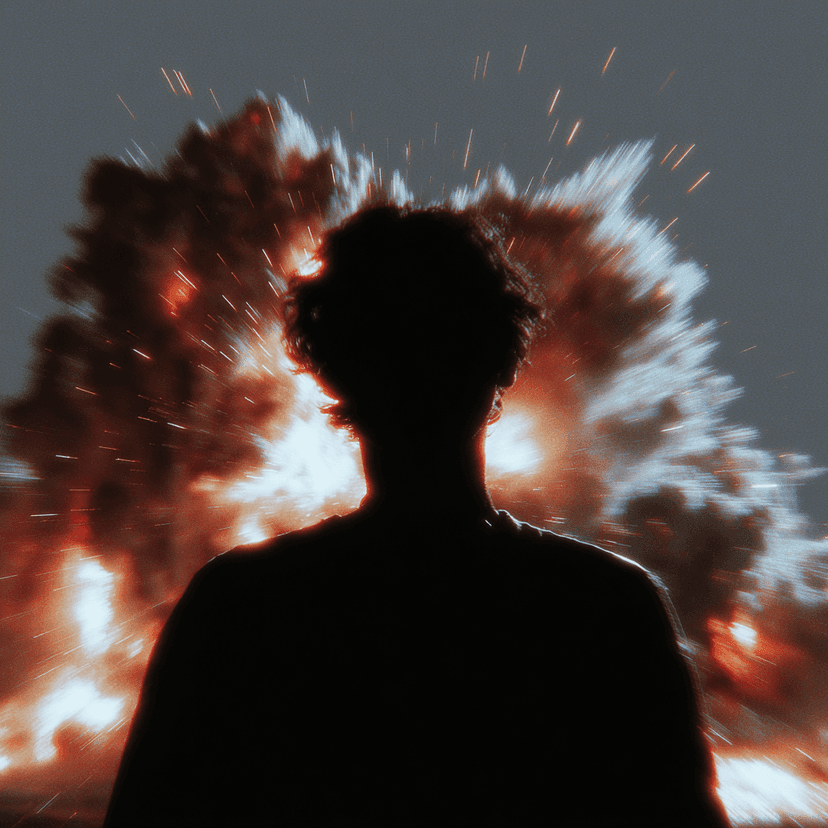 A silhouette against a burst of red smoke and embers