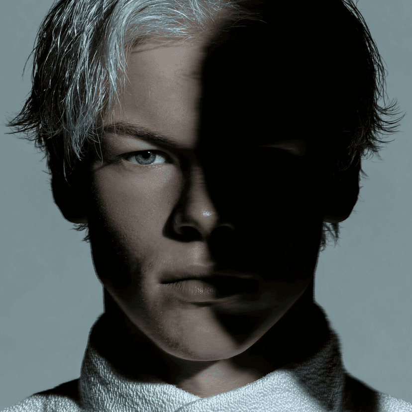A portrait split between hard light and deep shadow